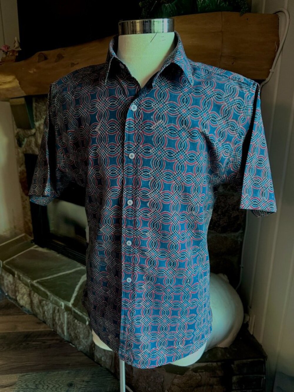 DUSHYANT Men's XXL Geometric Print Short Sleeve Button Up Shirt Blue Red